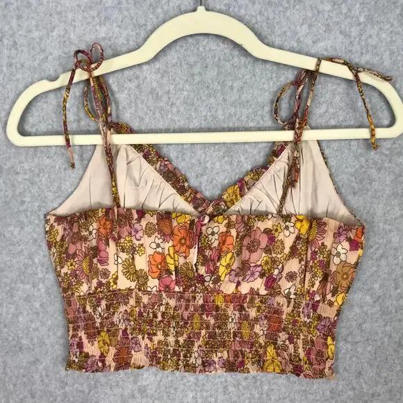 Patrons of Peace Crop Top Medium Orange Tank Floral Ruffle Boho Western‎ Tie Bow - Picture 4 of 10
